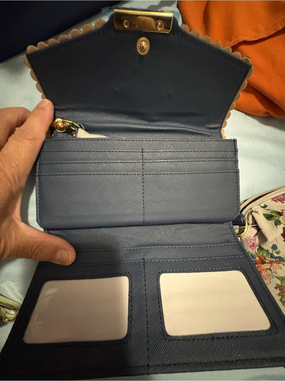 Structured Navy Fashion Tote with Gold Chain Accent and Wallet.